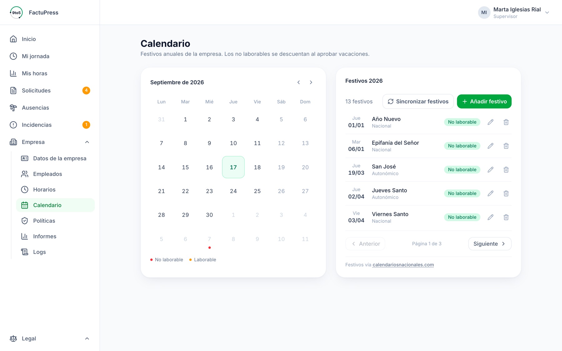Calendario laboral con festivos