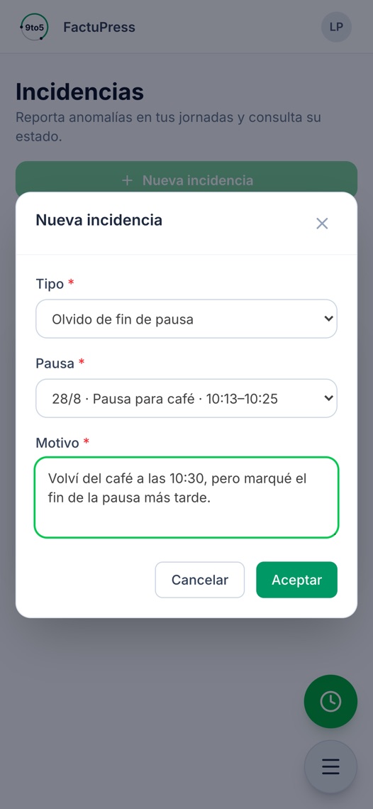 Nueva incidencia por olvido