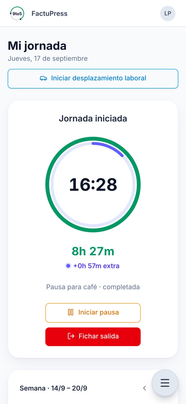 Pantalla Mi jornada de 9to5 en el móvil